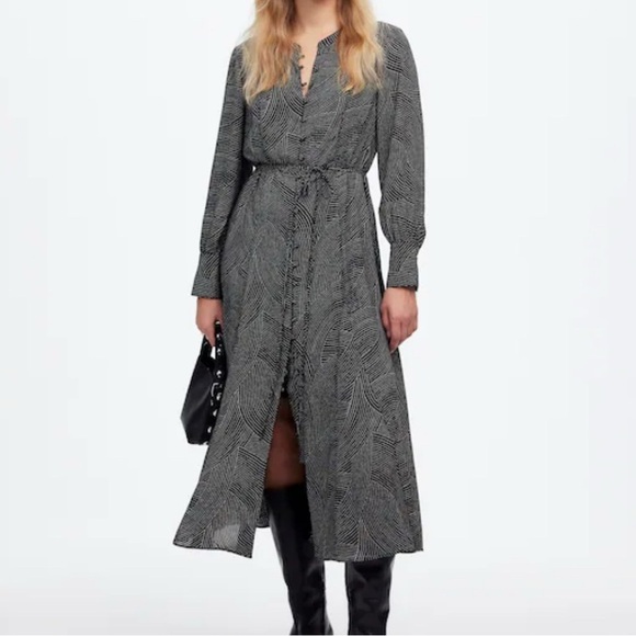 Madewell Tie Waist Midi Dress Black Dot Small Fit Flare Button Front Academia - Picture 1 of 10